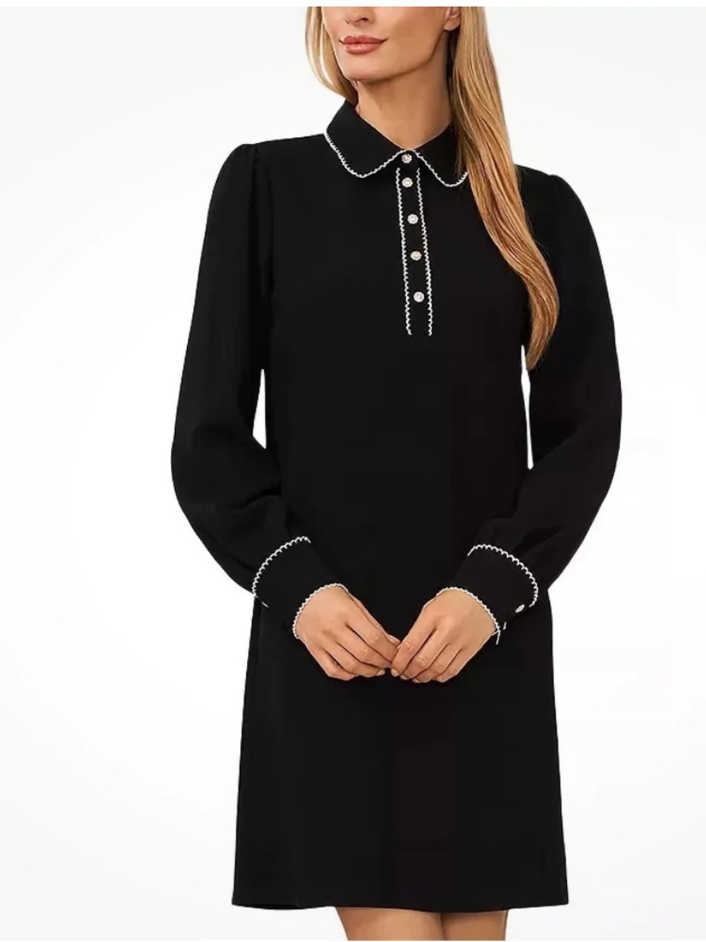 CeCe Women’s Black Collared Rhinestone Button Front Long Sleeve Shift Dress Sz L